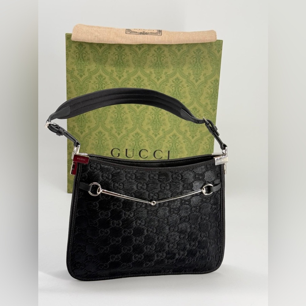 Gucci Calf Hair Horsebit Slim Small Shoulder Bag Black